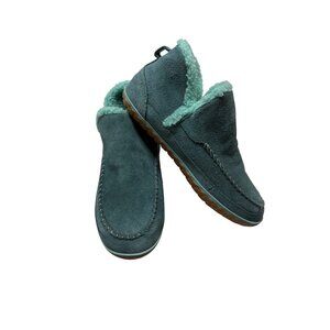 LL Bean Mountain Slippers Teal Suede Leather Moccasin Boot Sherpa Lined-sz 9